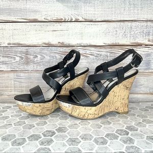 Jennifer Lopez Deja Black Cork Wedge Heel Sandals